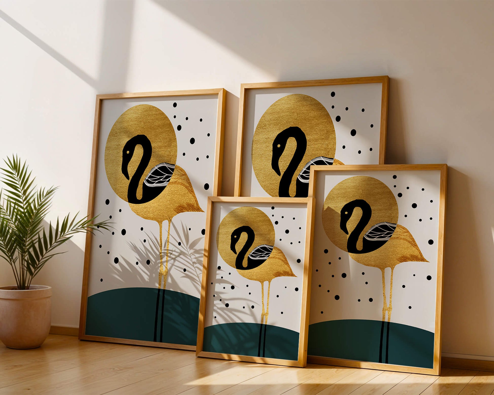 Elegante ilustración de flamenco dorado y negro con elementos de puntos abstractos