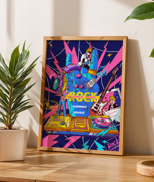 Ilustración temática vibrante de música rock con instrumentos y artistas