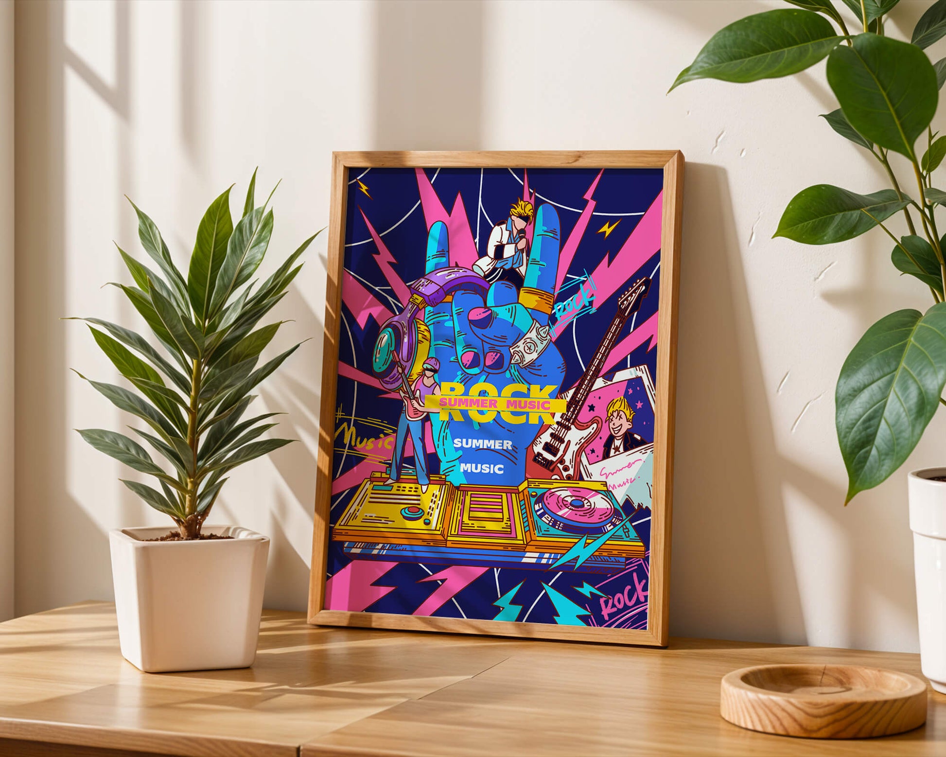 Ilustración temática vibrante de música rock con instrumentos y artistas