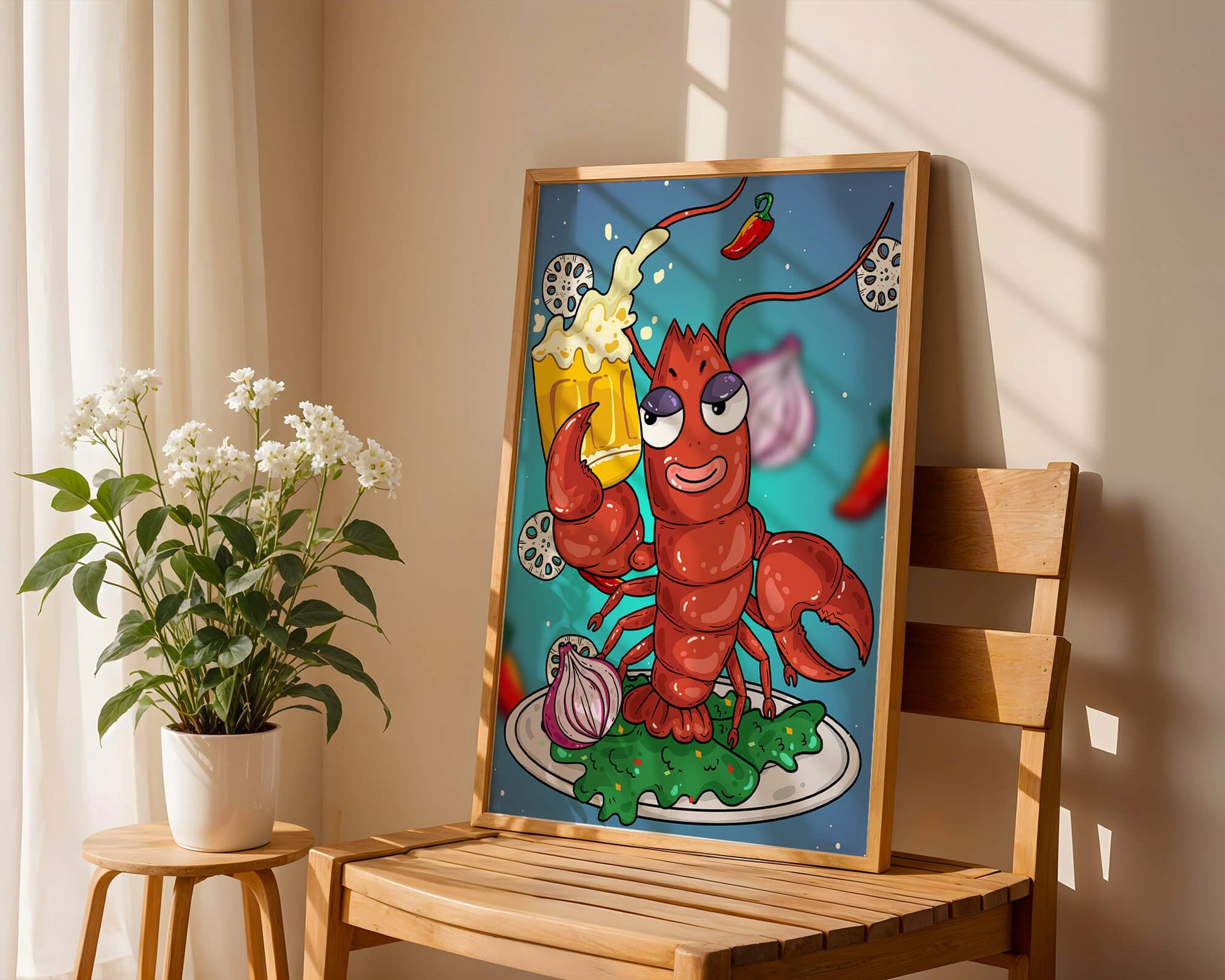 Playful cartoon lobster holding a beer in a whimsical setting
