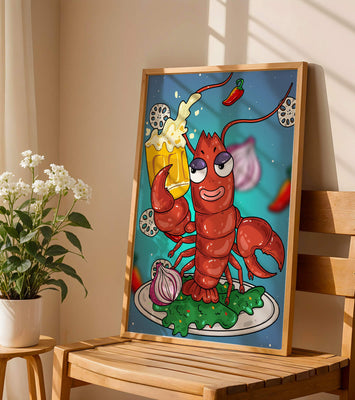 Playful cartoon lobster holding a beer in a whimsical setting