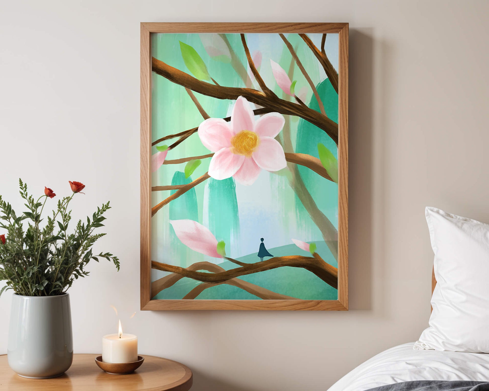 Serene floral artwork with large pink flower on tree branches