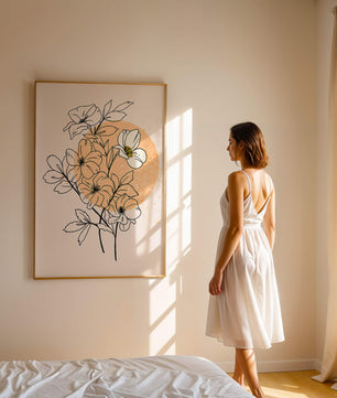 Ilustración floral minimalista con tonos pastel y fondos abstractos