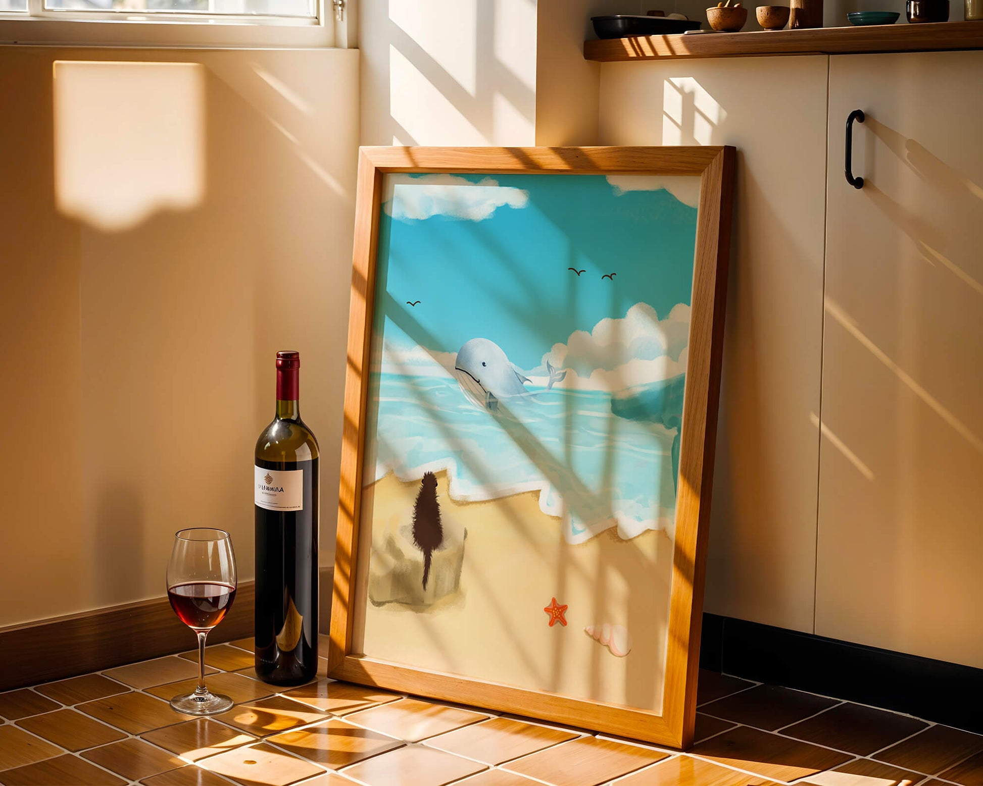 Vista al océano con ballena y elementos de playa