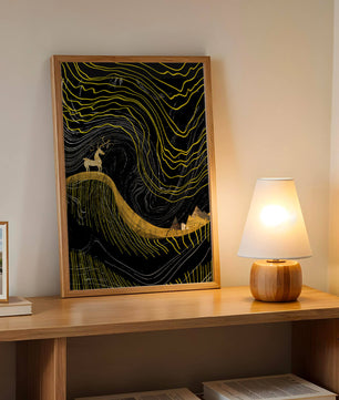 Ciervo dorado y paisaje montañoso abstracto con líneas onduladas