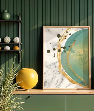 Elegant abstract design with gold accents and teal hues