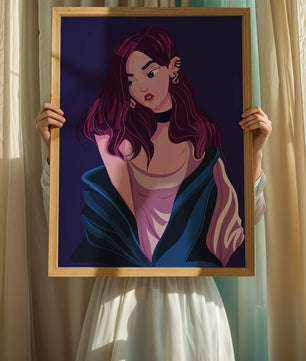 Illustration d'une fille élégante aux cheveux violets et à la veste bleue