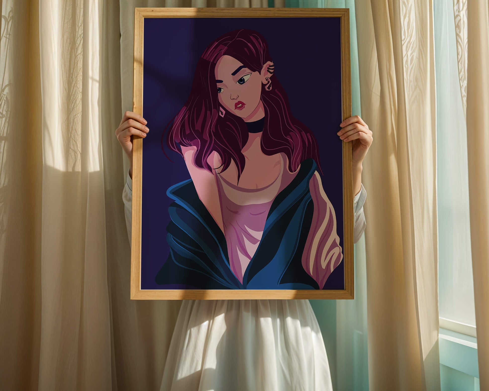 Stylish girl with purple hair and a blue jacket illustration