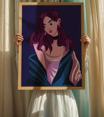Stylish girl with purple hair and a blue jacket illustration