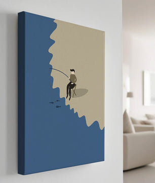 Minimalistic illustration of a person fishing by the sea
