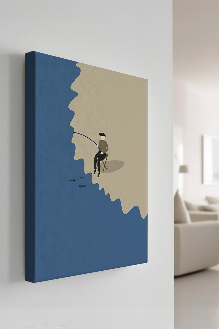 Ilustración minimalista de una persona pescando por el mar