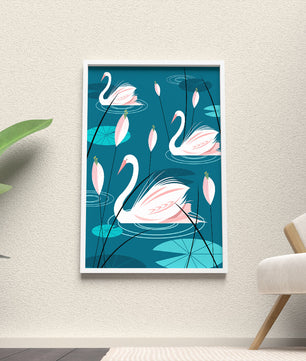 Serene illustration of swans gracefully gliding on a pond with lily pads