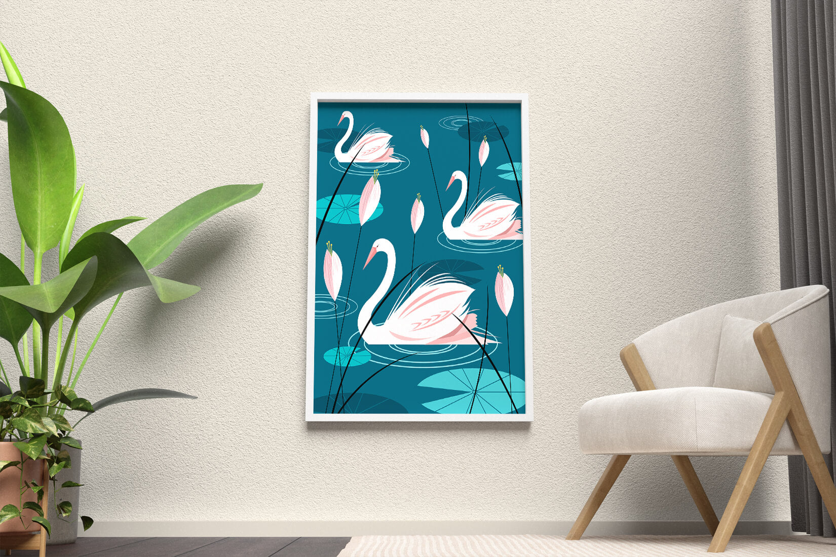 Serene illustration of swans gracefully gliding on a pond with lily pads