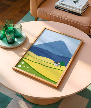 Serene Countryside Landscape with Mountain and Flowers