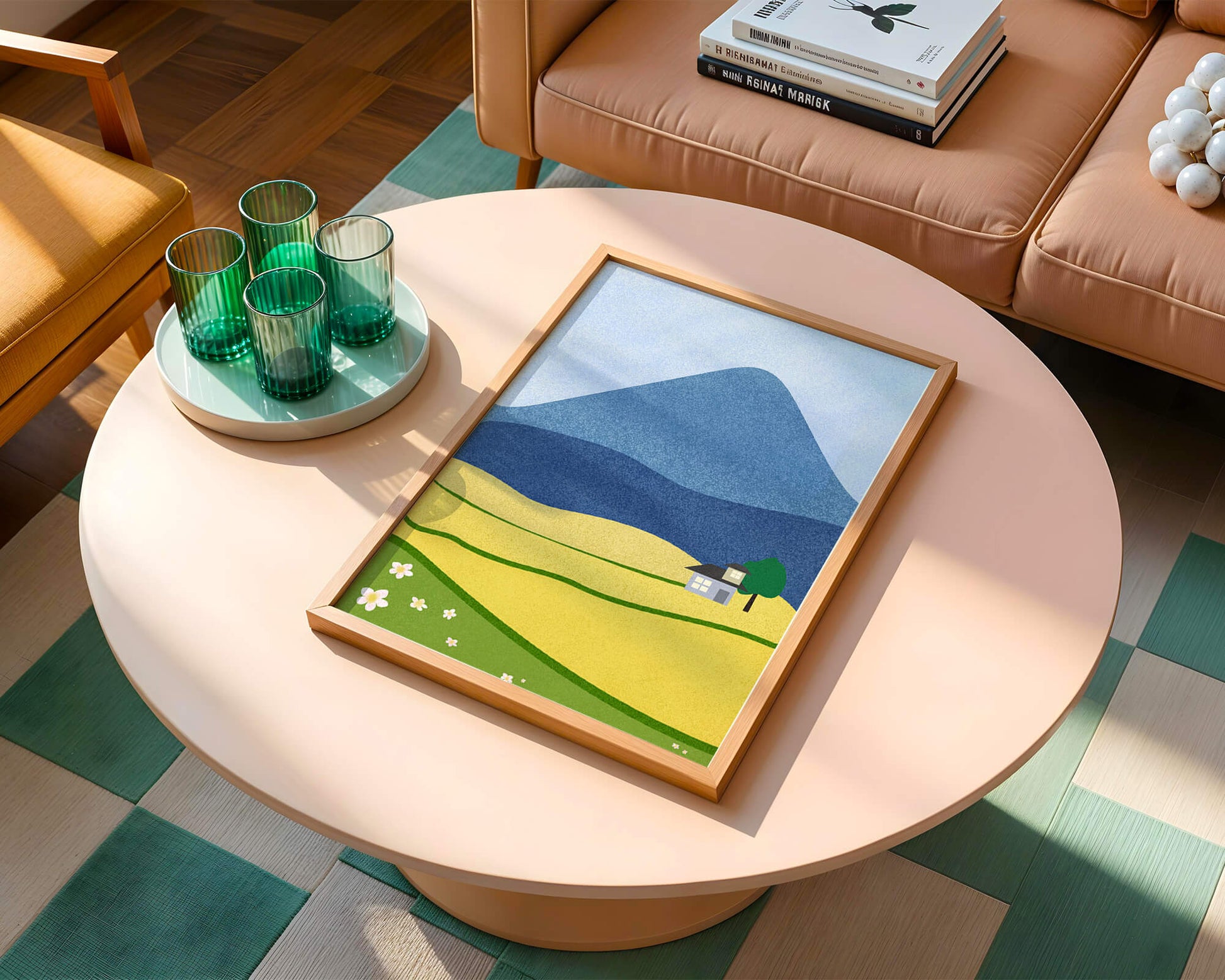 Serene Countryside Landscape with Mountain and Flowers