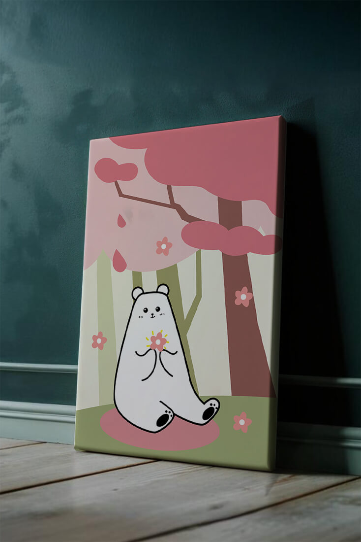 Charming bear holding flower under cherry blossom tree