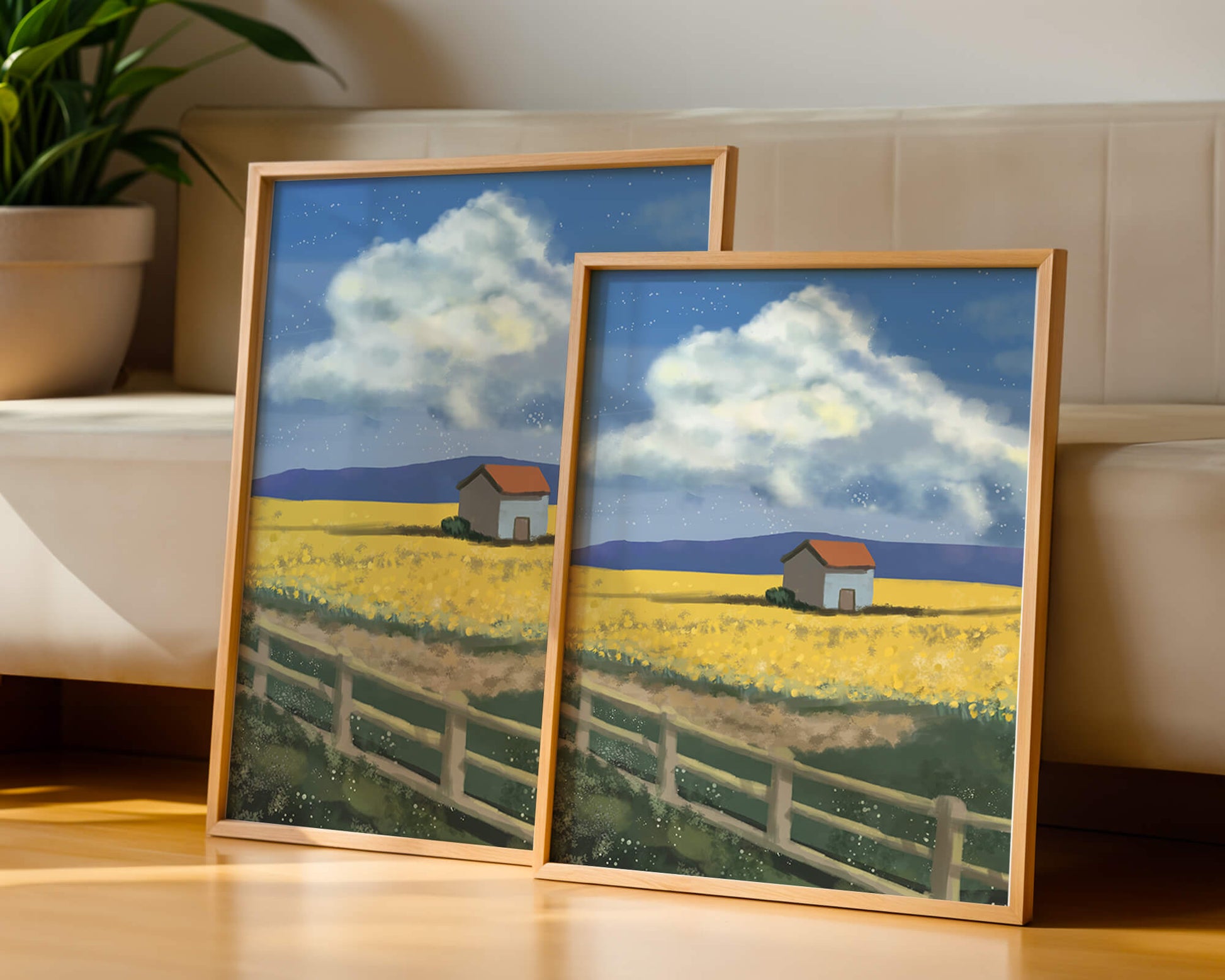 Idyllic rural scene with house and yellow field under blue sky