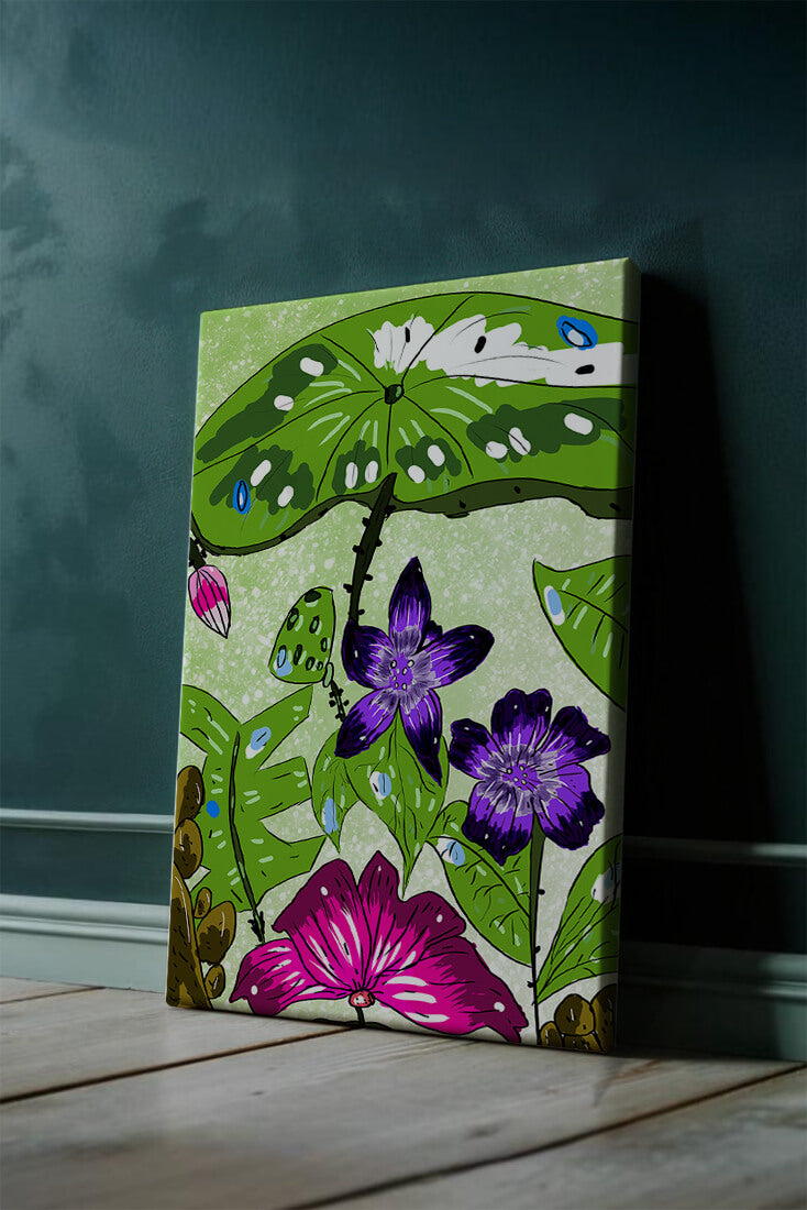 Bunte Blumenillustration mit exotischen Blumen und Blättern