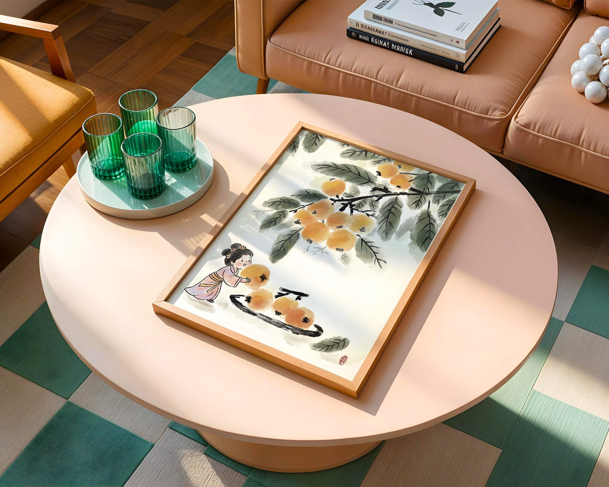 Arte japonés con una niña recogiendo caquis bajo un árbol