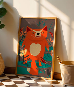 Illustration Of A Cute Orange Cat Surrounded By Stylized Trees And Plants