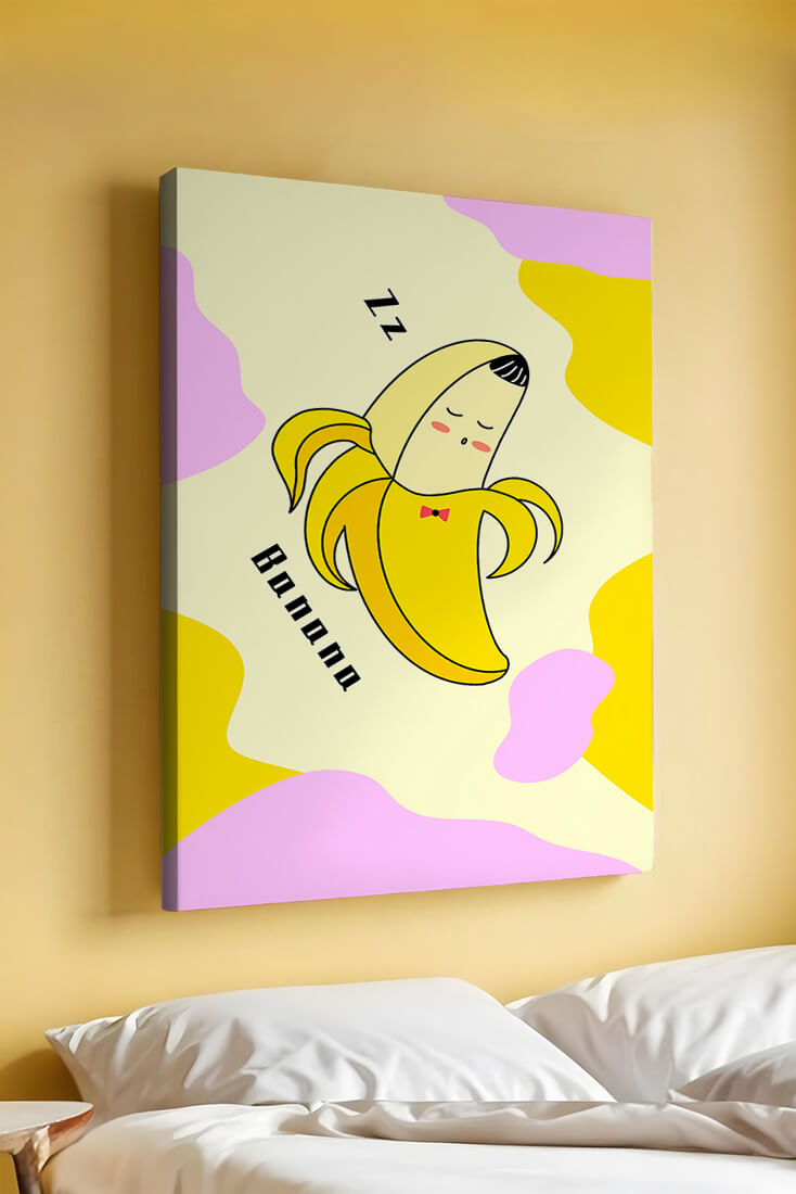 Playful illustration of a sleeping banana with colorful abstract background