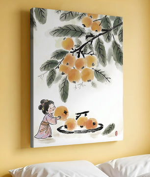 Arte japonés con una niña recogiendo caquis bajo un árbol