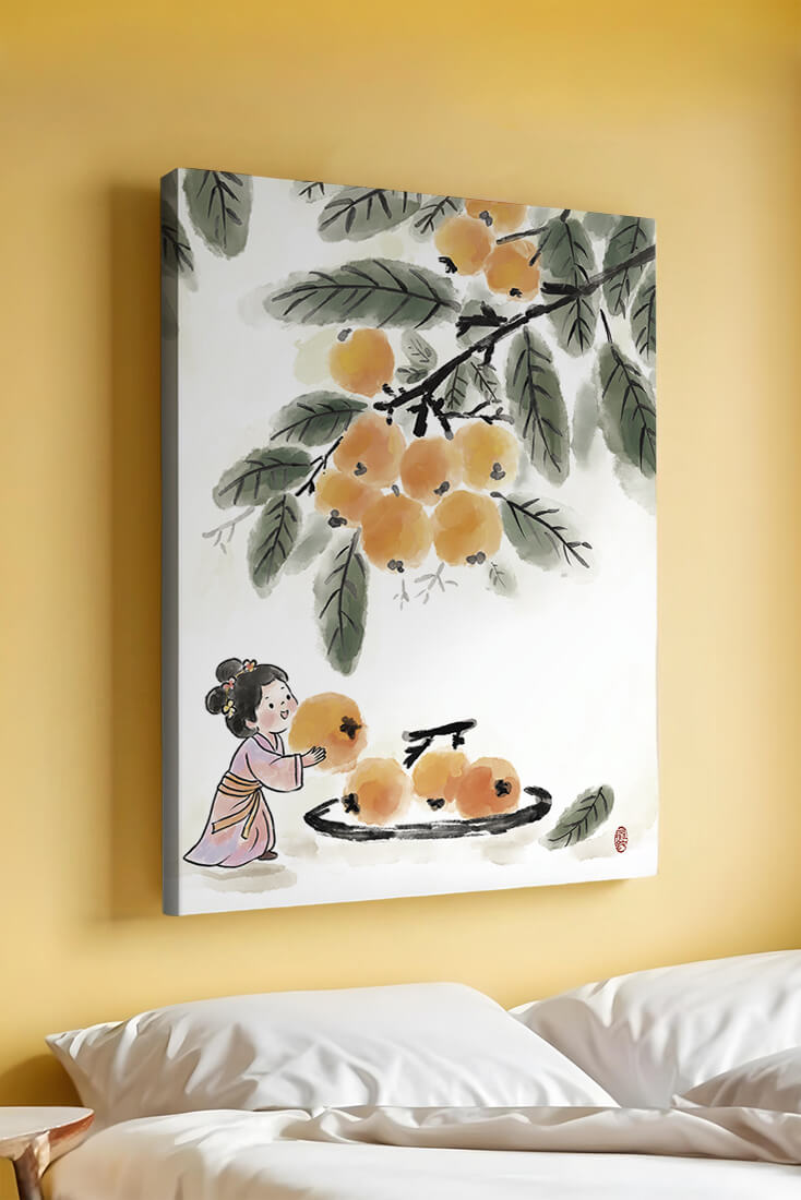 Arte japonés con una niña recogiendo caquis bajo un árbol