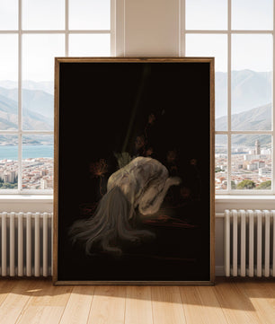 Abstract depiction of a figure surrounded by floral elements