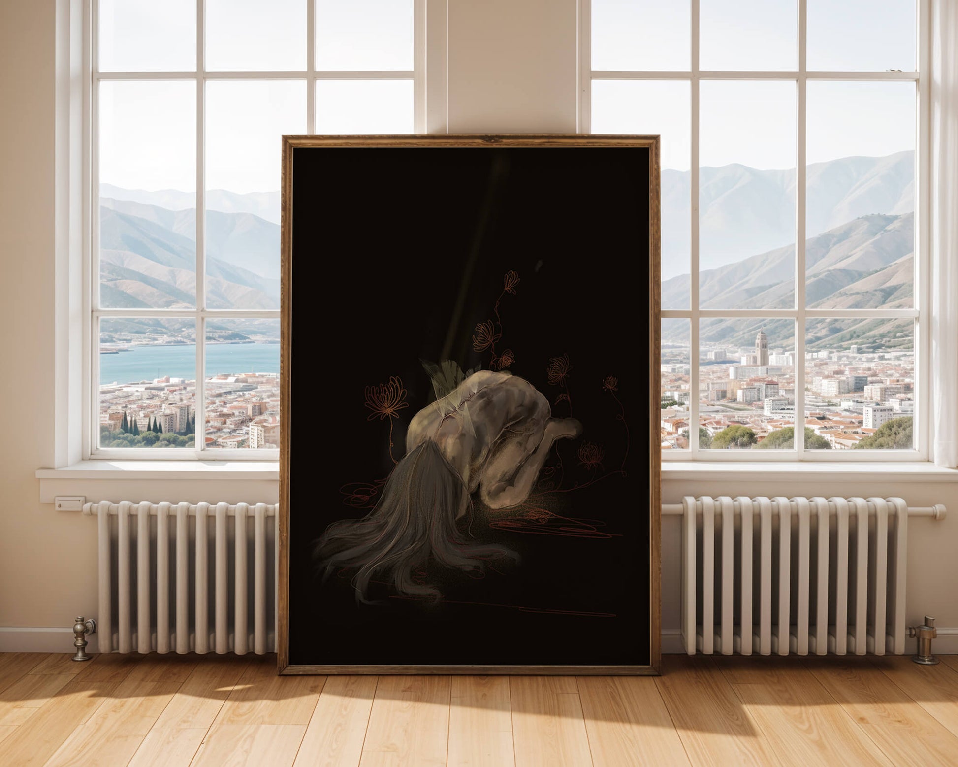 Abstract depiction of a figure surrounded by floral elements