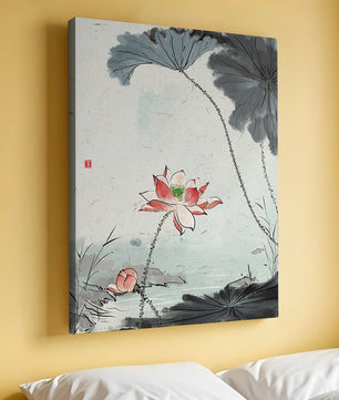 Aquarell Lotusblüte mit Seerosenblättern in ruhiger Szene