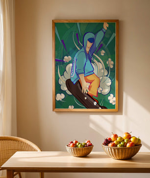 Ilustración abstracta colorida de una persona en movimiento con tonos azules y verdes