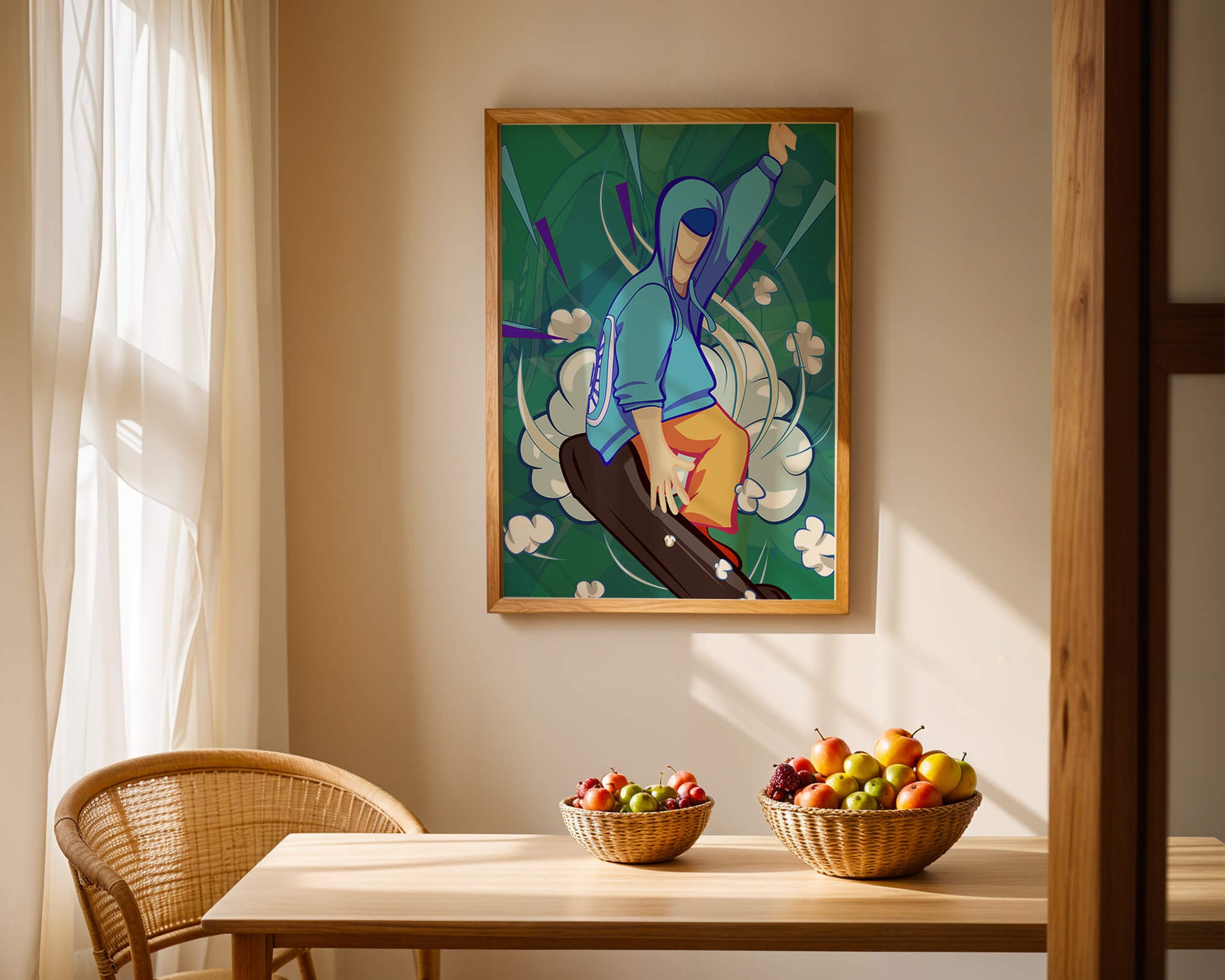 Ilustración abstracta colorida de una persona en movimiento con tonos azules y verdes