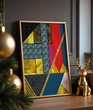 Geometric abstract design with vibrant colors and gold accents