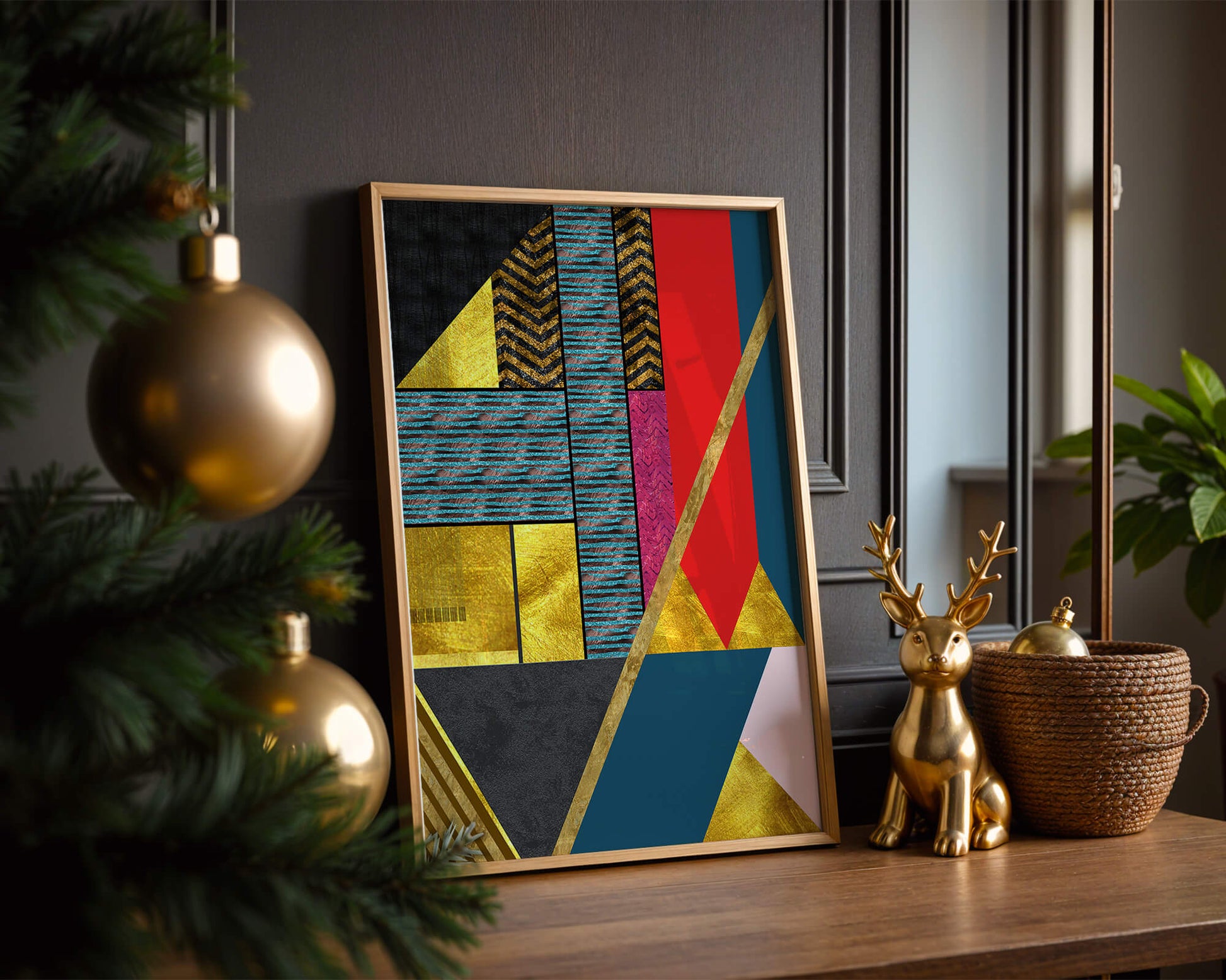 Geometric abstract design with vibrant colors and gold accents