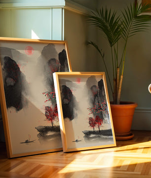 Serene landscape with red foliage and misty mountains