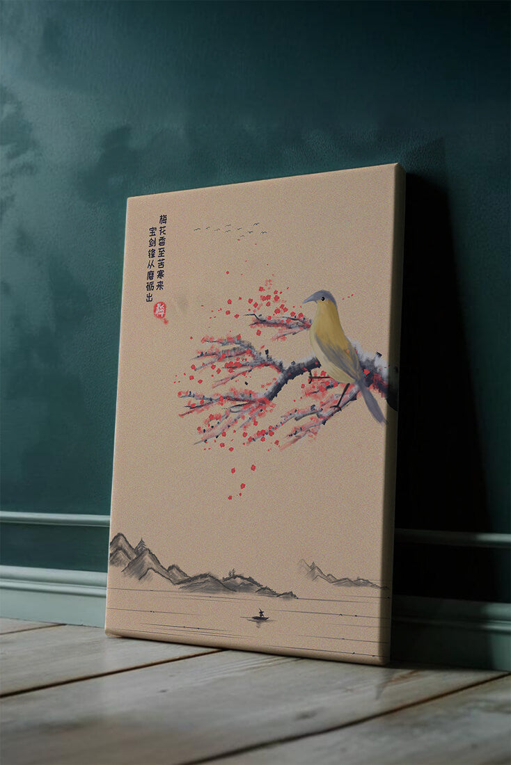 Traditional Chinese painting with bird and blossom branch over tranquil landscape