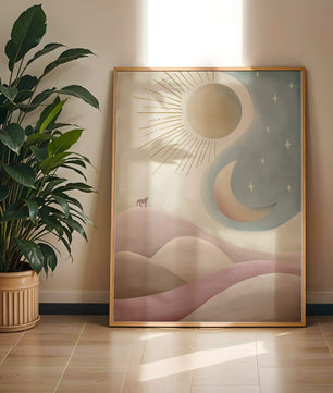 Minimalist landscape with sun, moon, and wolf in pastel hues