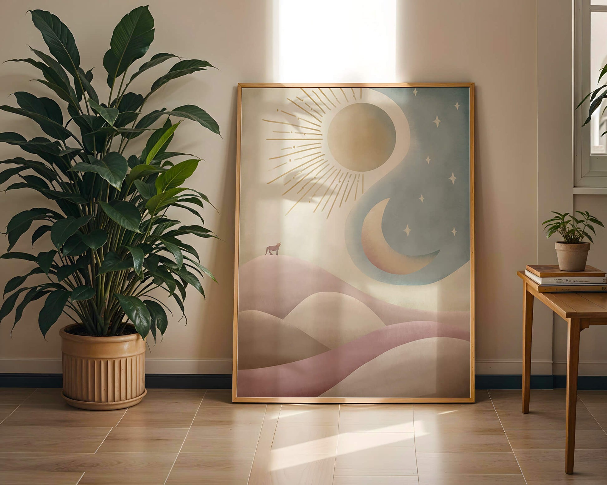Minimalist landscape with sun, moon, and wolf in pastel hues