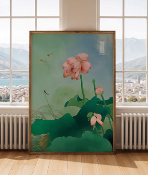 Fleurs de lotus sereines avec des libellules lors d'une journée tranquille