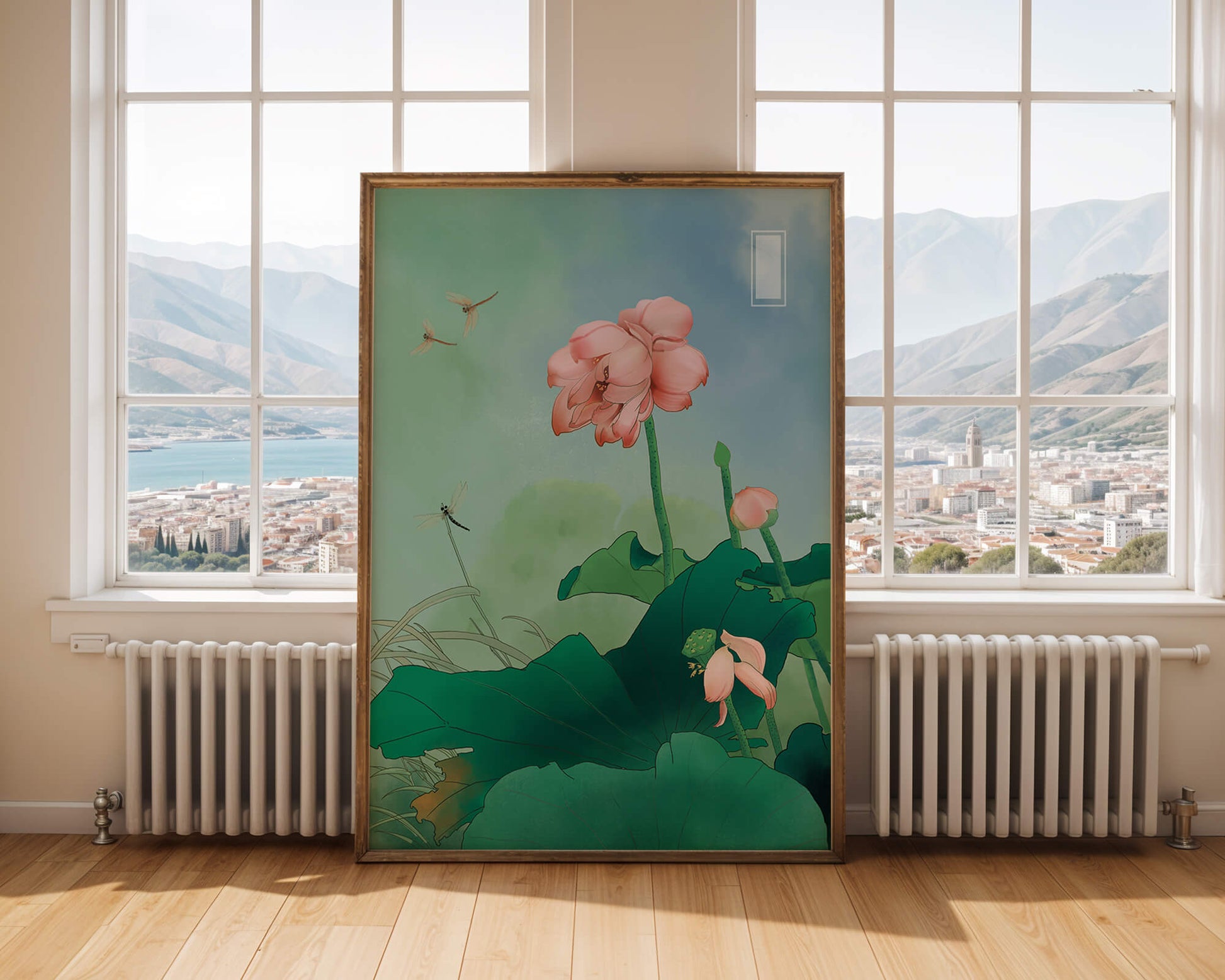 Serene Lotus Flowers with Dragonflies on a Tranquil Day