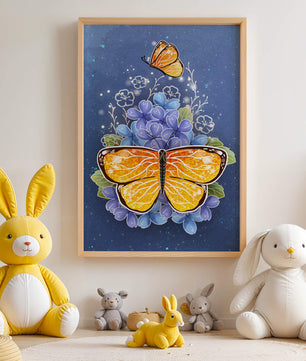 Bright butterfly with blue flowers on a starry background