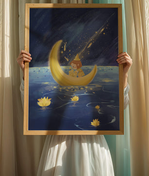 Voyage nocturne magique avec une fille dans un bateau-lune doré