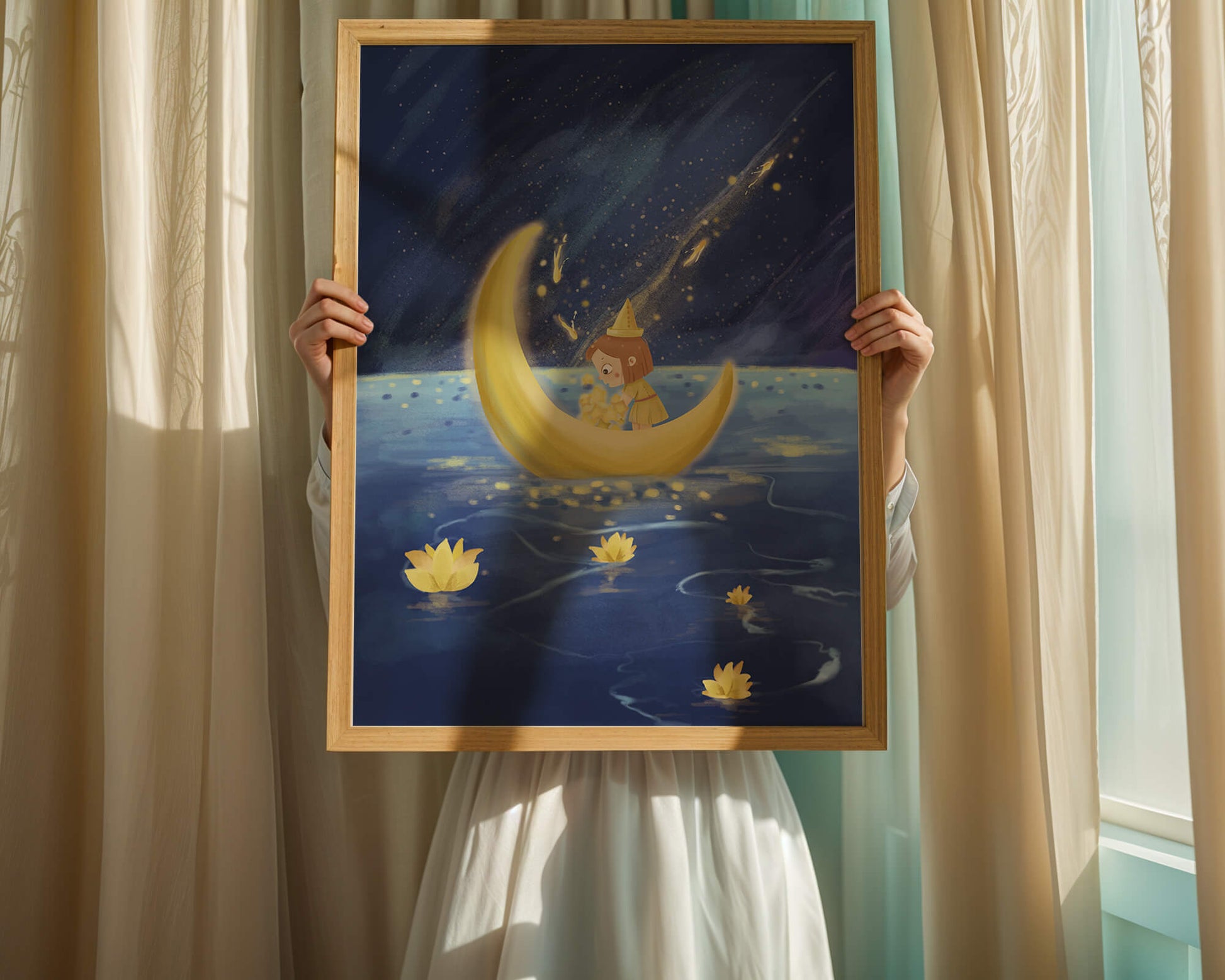 Magical Night Journey with Girl in Golden Moon Boat
