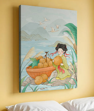 Paisaje sereno con una chica y una cesta de naranjas junto al agua