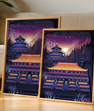 Neon Asian Temple at Sunset in Stylized Landscape