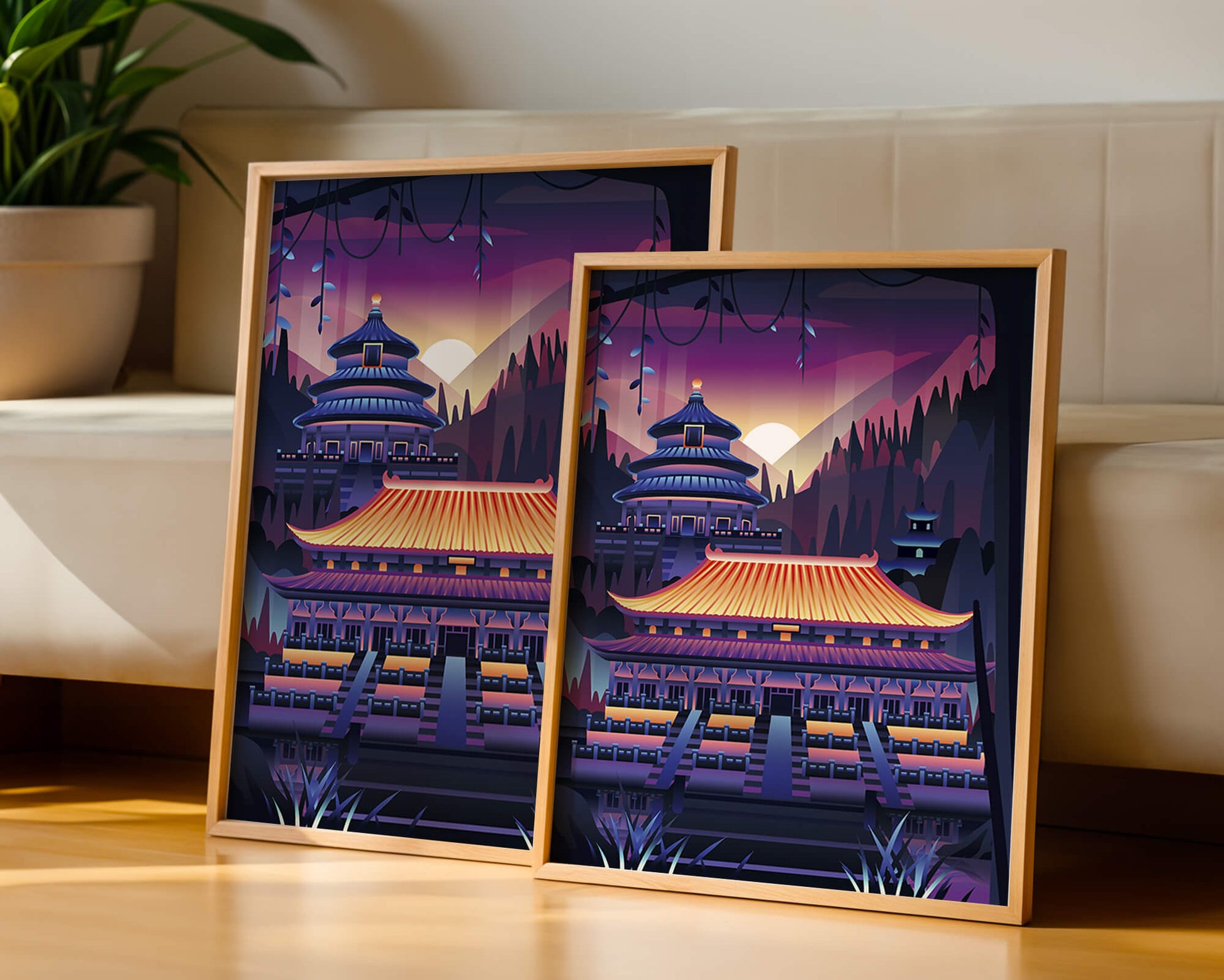 Neon Asian Temple at Sunset in Stylized Landscape