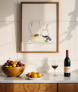 Illustration of dairy products with blueberries on polka dot cloth