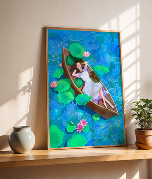 Serene illustration of a girl relaxing in a boat surrounded by lotus leaves and flowers