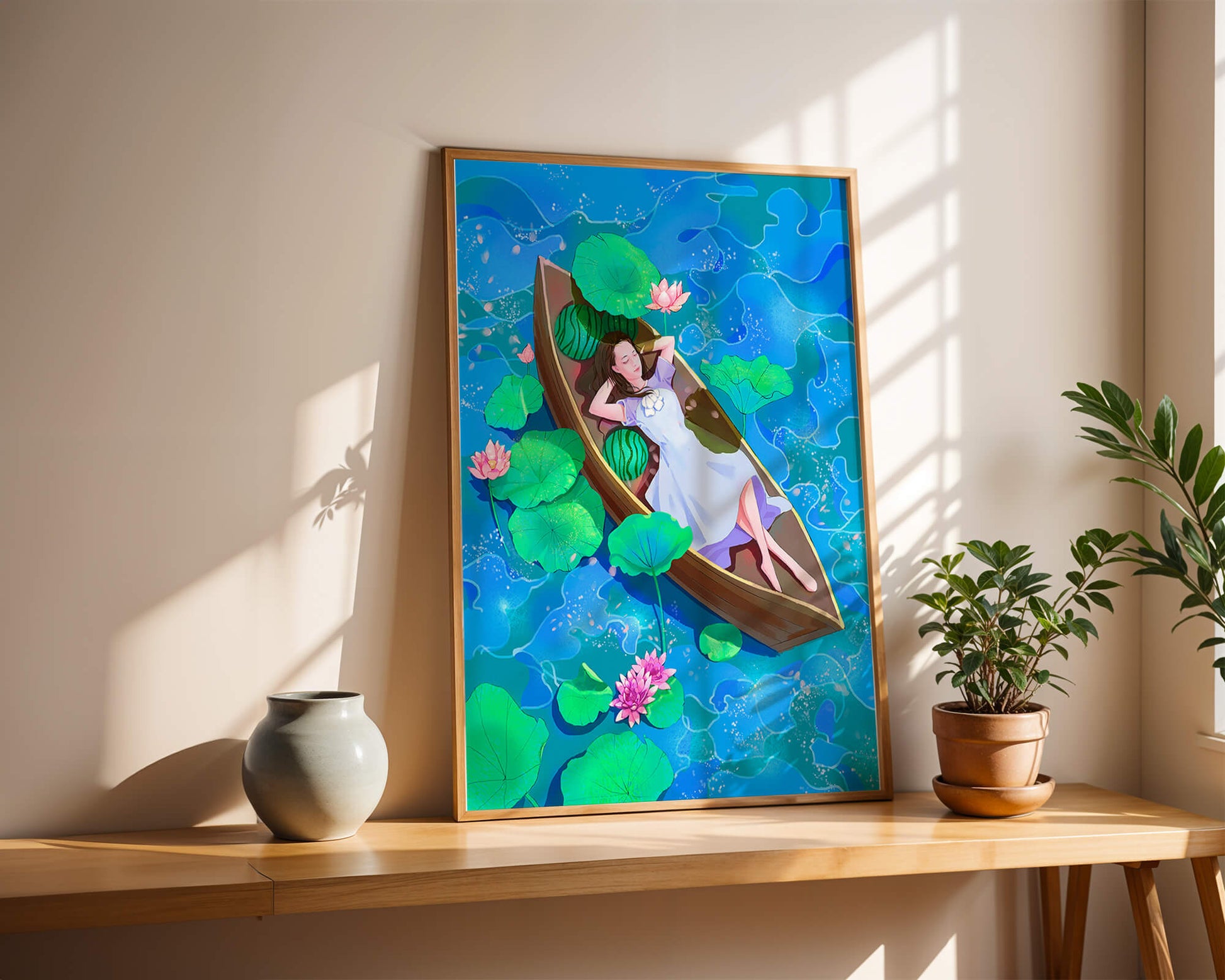 Serene illustration of a girl relaxing in a boat surrounded by lotus leaves and flowers