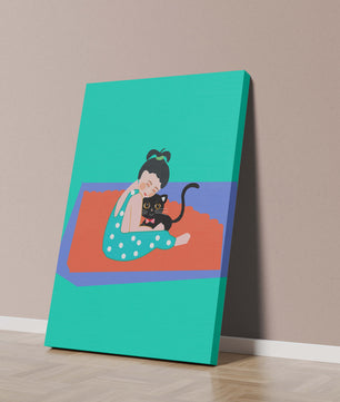 Gemütliche Illustration eines Mädchens, das eine Katze auf einer bunten Matte umarmt